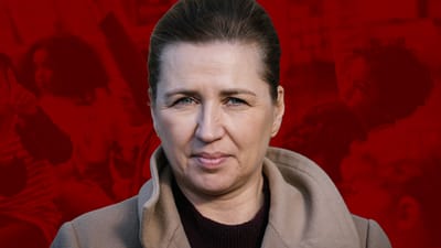 Statsminister Mette Frederiksen, som collage i baggrunden er lagt et billede af nogle unge elever.