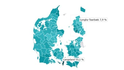 danmarkskort kommuneopdelt med fokus på Langeland (53,1 %) og Lyngby-Taarbæk (7,9%)