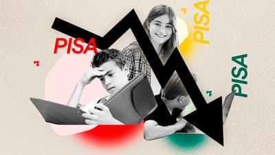 Collage med tre studerende. En dreng læser med venskeligheder, en pige smiler til kameraet og en tredje elev arbejder ved computer. Rød farve indikerer læsning, gul farve indikerer matematik og grøn naturfag.