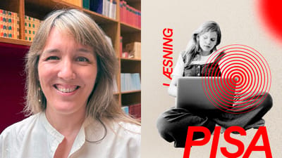 Forsker Kristine Kabel i to-delt billede. Hun på den venstre side og en collage med en teenage piger som bruger AI på den anden.