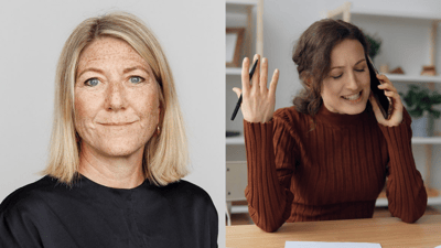 Dorte Andreas og kvinde, der taler i mobiltelefon
