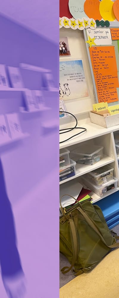 Lærer Mai-Britt Løndal Nielsen i sin klasse, og på vej ned af gangen.