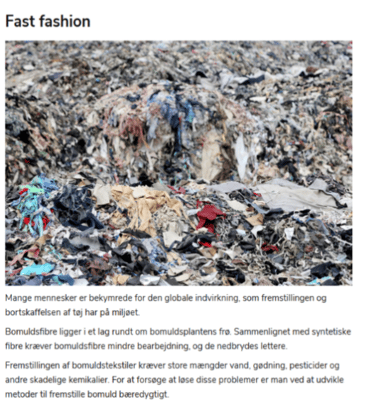 Opgave, 'Fast Fashion' med foto af store m&aelig;ngder af bomuldsstofrester