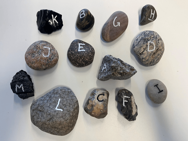 Billede af nogle sten som er blevet organiseret og kategoriseret