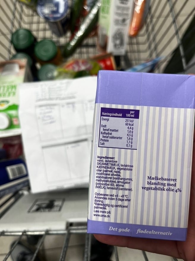 Billede af ingredienslisten til "flødealternativ"